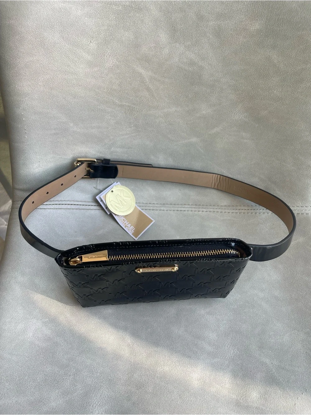 Michael Kors Black Patent MK Logo Belt Bag with Gold Plaque